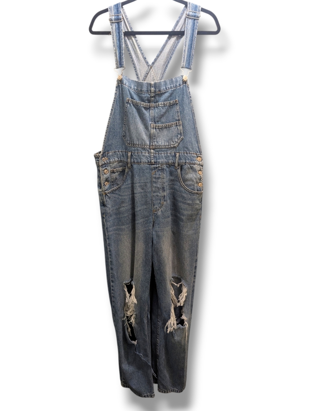 Free People We The Free Ziggy Distressed Ripped Knees Denim Overalls- M - Picture 5 of 16